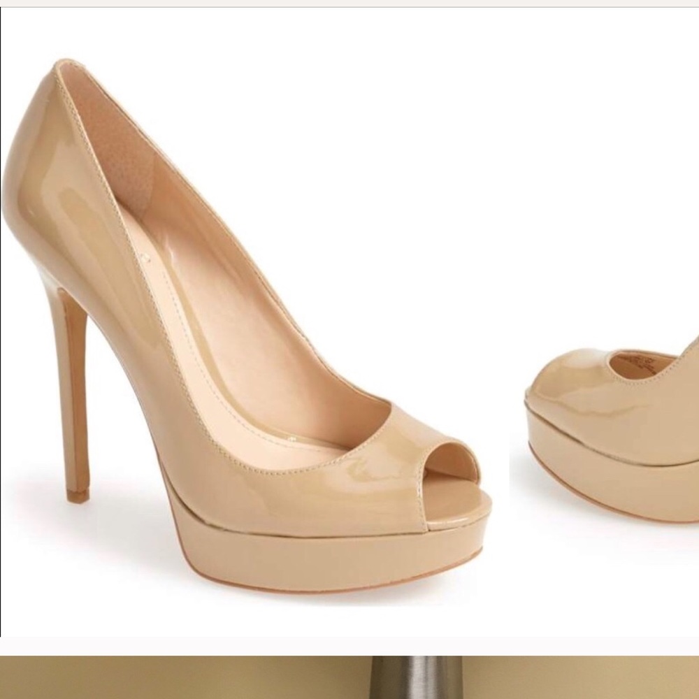 Tan Vince camuto peep toe pumps